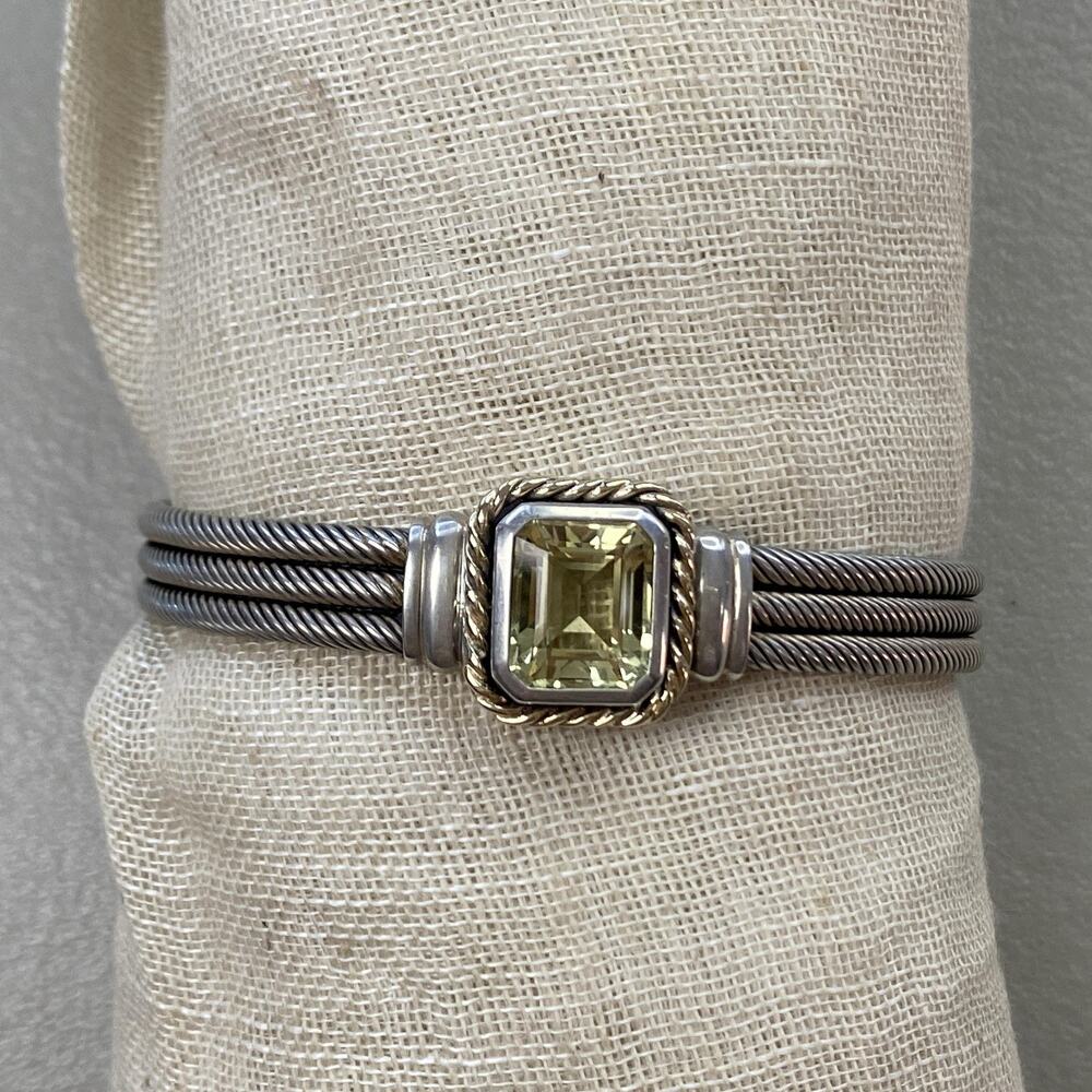 Sterling Silver 925 Peridot Green Cable Cuff Bracelet 7"‎ Two Tone Triple Strand